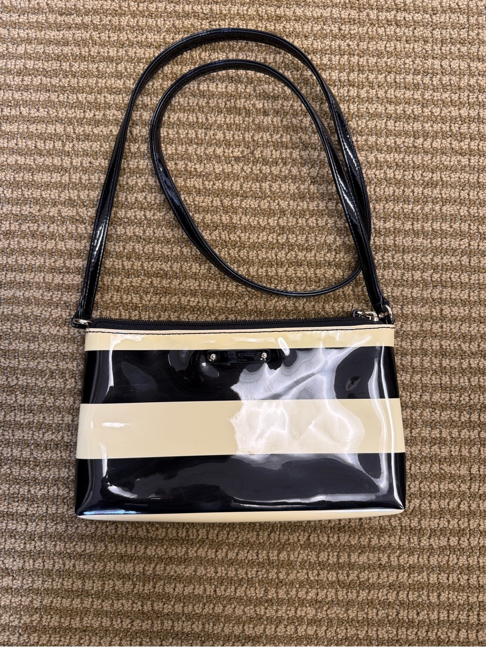 Kate Spade Black and Cream Striped Patent Shoulder Bag